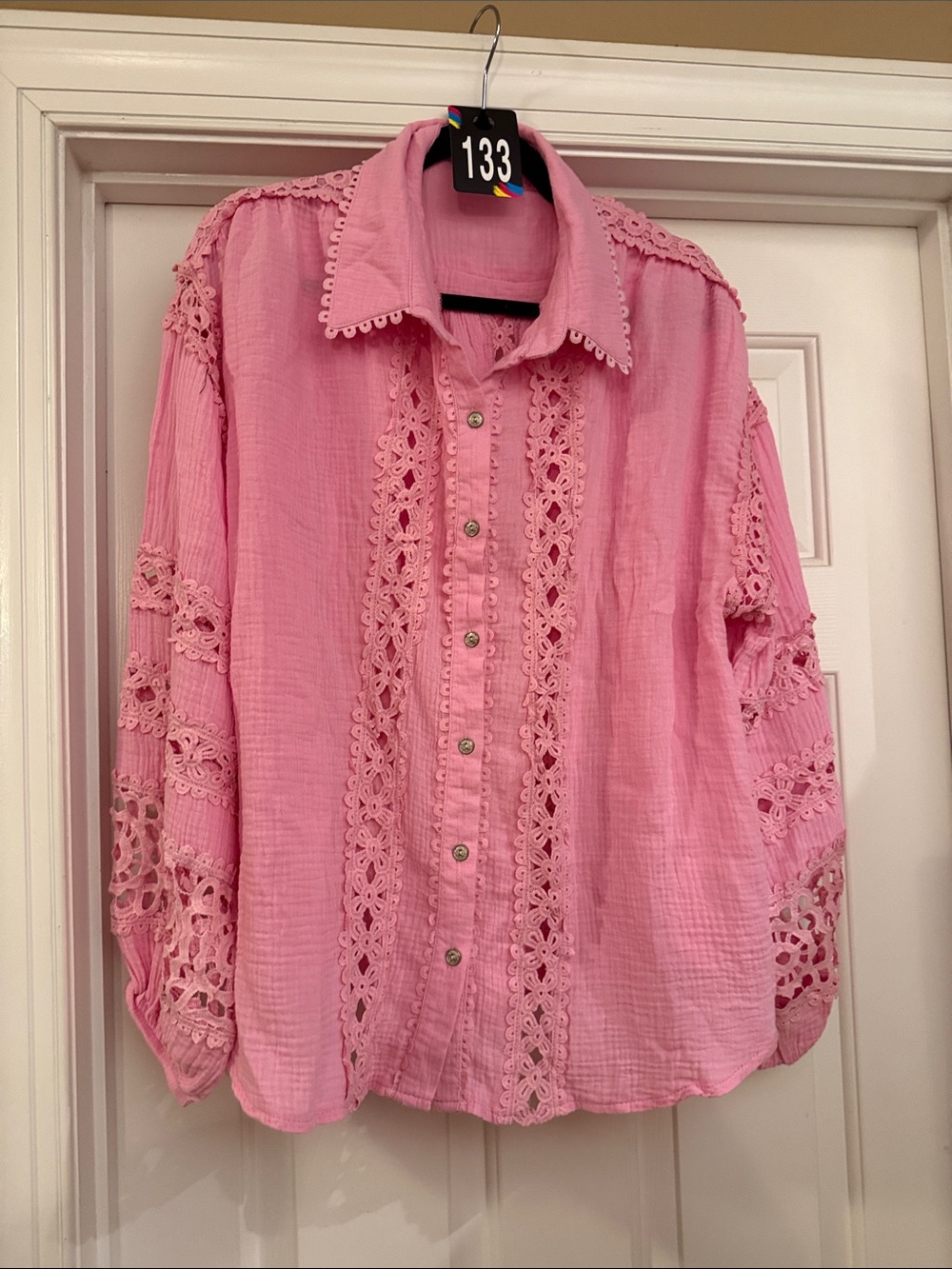 POL Pink Lace-Trim Button-Up Blouse